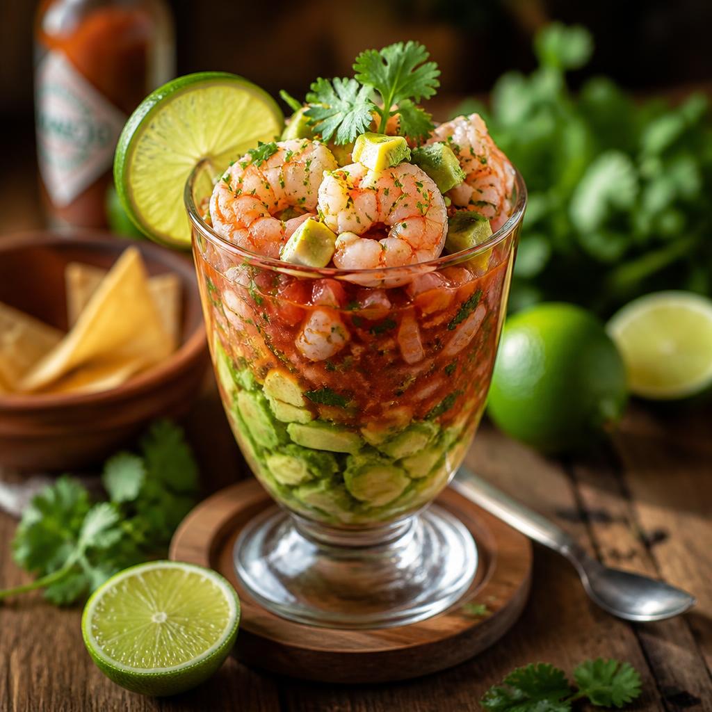 Publicación de un cóctel de camarones con aguacate y limón sobre mesa de madera